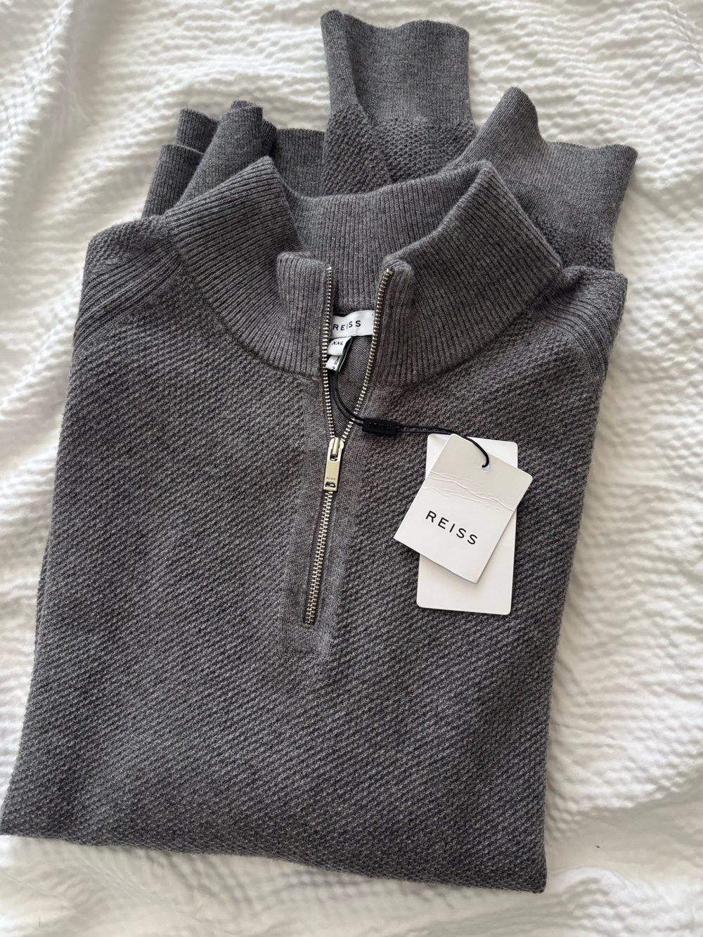 Reiss Gray Textured Funnel Quarter zip Wool Blend Sweater
